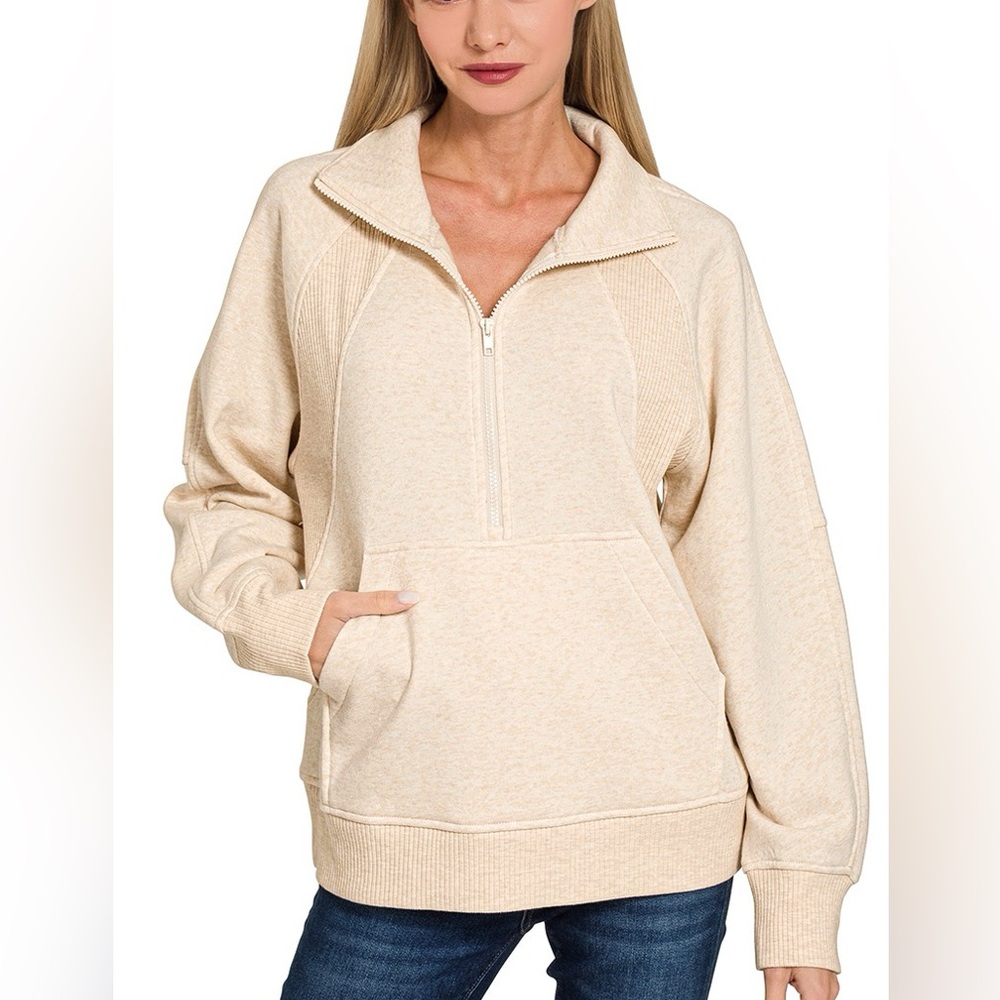 Zenana Half Zip Fleece Sweatshirt with kangaroo Pocket
